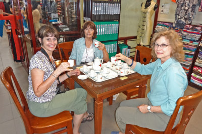 Non-shoppers in our group having a tea party provided by the Thang Loi Company, Hoi An Vietnam