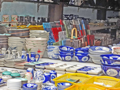 Pottery and cookware display in a shop - Hoi An, Vietnam 