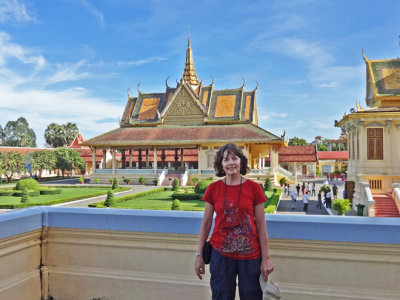 Judy and the Phochani Pavilion in the background - on the grounds of the Royal Palace Complex - Phnom Penh, Cambodia