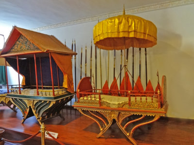 Historical examples of howdahs (carriages for humans on elephants) - exhibit at the National Museum of Cambodia - Phnom Penh
