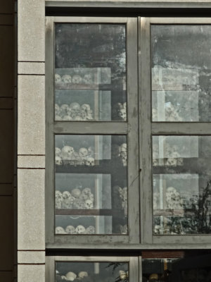 Skulls of Khmer Rouge victims in a commemorative stupa at the Killing Fields of Choeung Ek - Phnom Penh, Cambodia