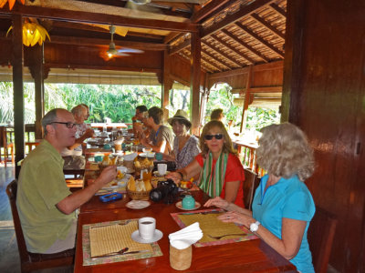 Helen, Fran, Sally and Alan - breakfast at the Sambo Village Hotel, Kompong Thom Province, Cambodia