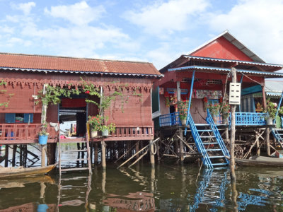 Houses (on stilts/piles) in a stilted village on Tonle Sap Lake in the Siem Reap Province of Cambodia