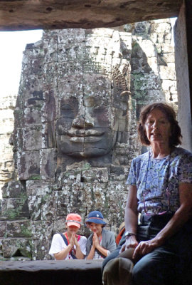 Judy and two Cambodian girls at the Bayon Temple in Angkor Thom, Siem Reap Province, Cambodia 