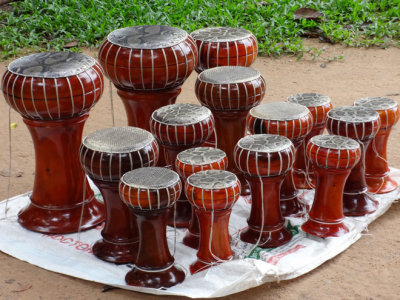 Attractive hand-made souvenir drums for sale - on our way to Preah Khan, Angkor, Siem Reap Province, Cambodia 