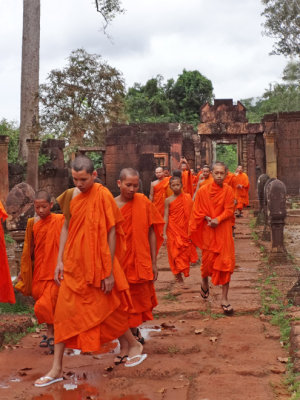 Monks leaving the Banteay Srei Temple - Angkor, Siem Reap Province, Cambodia