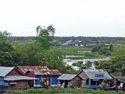 Houses in a floating village in the flooded forest/wetlands next to Tonle Sap Lake - Siem Reap Province, Cambodia