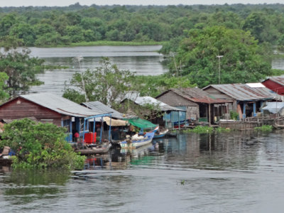 Houses in a floating village in the flooded forest/wetlands next to Tonle Sap Lake - Siem Reap Province, Cambodia