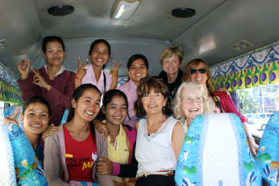 Judy, Fran, Janet, Helen & Sitha with some of our sponsored young ladies (college students) - on our bus - Phnom Penh, Cambodia