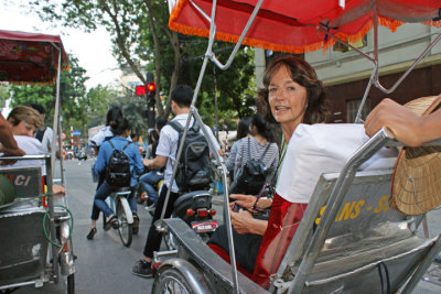 Judy returning to the Aranya Hotel via rickshaw - Hanoi, Vietnam