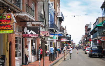 Jerry and Ken discussing important matters on Bourbon Street in the French Quarter of New Orleans