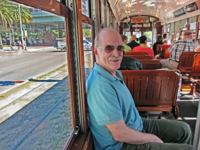 Ken on a trolley on St. Charles Avenue in New Orleans - going to the French Quarter from our hotel, the Clarion