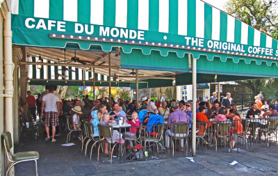 Cafe Du Monde in the French Quarter of New Orleans - here we ate superb beignets covered with a ton of sugar powder