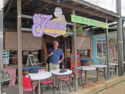 Elliott leaving Chez Jacqueline's (French and Cajun cuisine) after a satisfying meal - Breaux Bridge in southwestern Louisiana