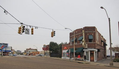 Sun Studio (brown building on the right) and the surrounding neighborhood (far from glamorous) in Memphis, Tennessee