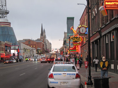 Broadway with the Bridgestone Arena on the left in downtown Nashville, Tennessee