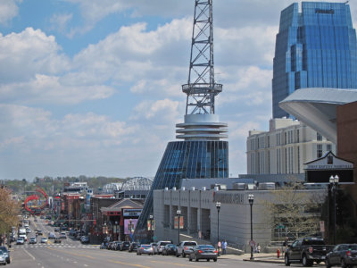 Broadway with the Bridgestone Arena on the right in downtown Nashivlle, Tennessee