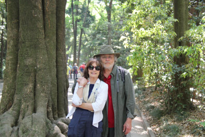 Judy and Richard on the gravel road to the Meiji Shrine complex surrounded by cedars.