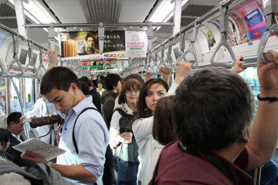 Judy on the JR Line subway - going from the Ueno Station to the Shimbashi Station
