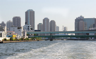 The Sumidaga Ohashi Bridge (and the EitaiBashi Bridge behind it)  on the Sumida River as seen from our water bus, Tokyo