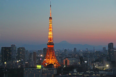 Close-up night view of the Tokyo Tower as seen from the Park Hotel where we stayed. Mt. Fuji is in the background