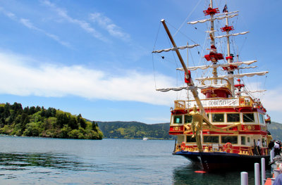 Cartoonish pirate ship at port at Moto-Hakone -  we took it to Togendai - on Lake Ashi