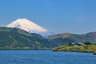 Mt. Fuji as seen from a cartoonish pirate ship on Lake Ashi