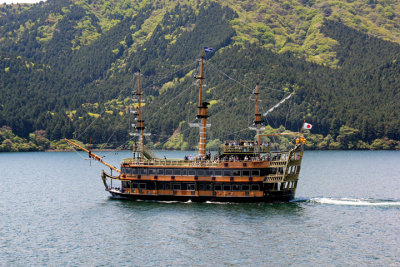 A cartoonish pirate ship on Lake Ashi similar to the one  we were on when this photo was taken