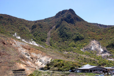 Owakudani Visitor Center (lower right) and sulfurous steam vents