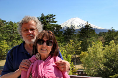 Judy and Richard with Mt. Fuji in the background - at the Yamanashi Prefecture Fuji Visitor Center