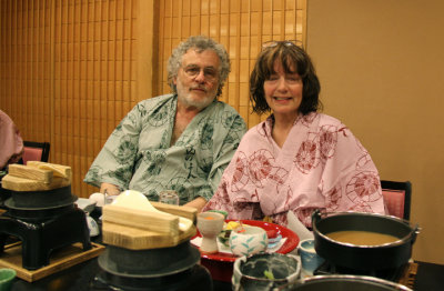 Judy and Richard wearing kimonos at a traditional Japanese dinner at the Nunohan Hotel in Suwa-shi