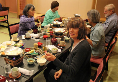 Judy and others at breakfast at the Nunohan Hotel in Suwa-shi. After breakfast we left by bus for Takayama.