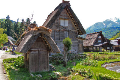 The Gassho-zukuri Village in Shirakawa-go tucked away in the surrounding mountains