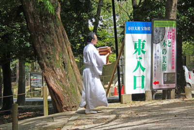 A monk going to an Omiyamairi (newborn celebration) which we witnessed but were not allowed to photograph at Kasuga Taisha, Nara