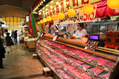 Meat counter at the indoor Omi-cho Market in Kanazawa