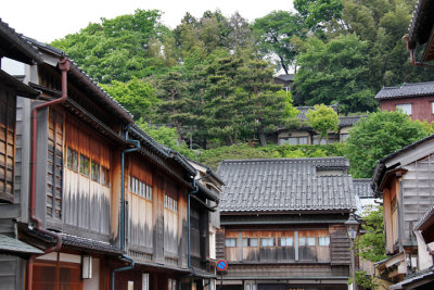 The exteriors of the second floor guestrooms of buildings in the Higashi Chaya (Geisha) District of Kanazawa