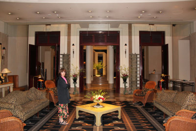 Judy looking elegant in the elegant lobby of  the Hotel Nikko Kanazawa where we stayed in Kanazawa