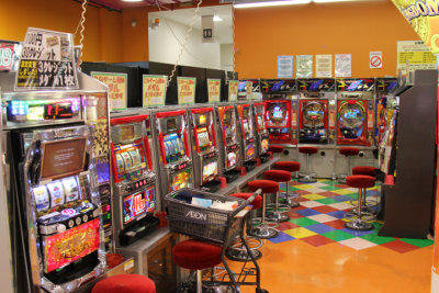 Pachinko machines and slot machines at a lunch stop while traveling from the Kutani Pottery Village to the Sea of Japan