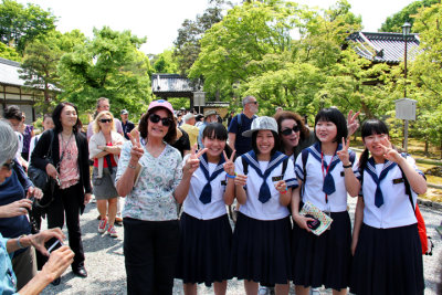 Judy to the left of schoolgirls and Judith behind them - near the entrance to the Golden Pavilion in Kyoto