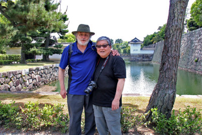 John & Richard: Background - inner moat & inner wall (right) surrounding Honmaru & bridge entrance to Honmaru in Nijo Castle