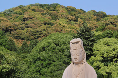Top of the statue of Bodhisattva Avalokitesvara at the Ryozen Kannon War Memorial - Higashiyama Mountains in the background