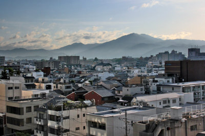 Kyoto and surrounding mountains as seen from our hotel room at the ANA Crowne Plaza