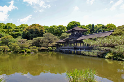 Roofed bridge (Taihei-kaku) over a pond at the garden of the Heian-jingu Shrine in Kyoto