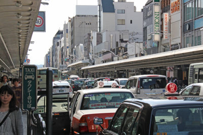 Heavy mid-day traffic on Kawaramachi-dori in downtown Kyoto - not one car horn sounded