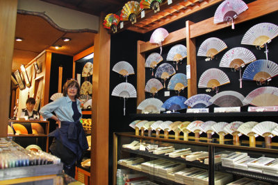 Judy in a fan store at the Teramachi Shopping Arcade in downtown Kyoto