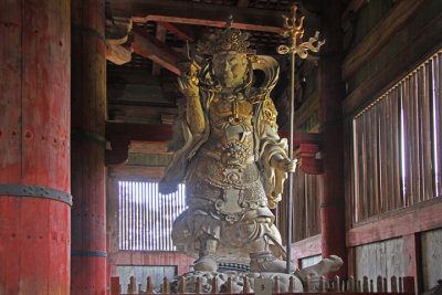 Statue of Tamonten (at least 30 feet tall) in the Main Hall of Todai-ji Temple in Nara Park in Nara