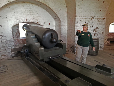 Tour guide explaining how this canon was used - at Fort Pulaski on Cockspur Island, Georgia 