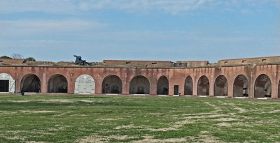 The outer veranda with canons and the upper perimeter with canons at Fort Pulaski on Cockspur Island, Georgia