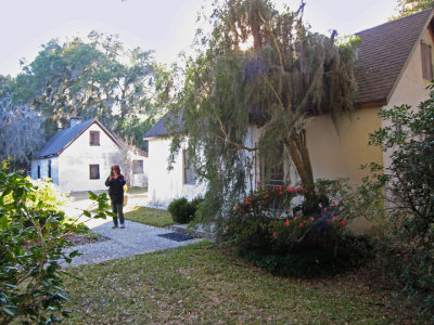 Judy among slave cabins (from the late 1700s) in the Gascoigne Bluff section of the Hamilton Plantation - St. Simons Island