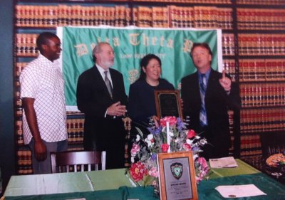 Initiation photo with Faye Lee Bresler, Past Chancellor Larry Meyer, Prof. Patrick and Dean O'Neal Dennis.jpg